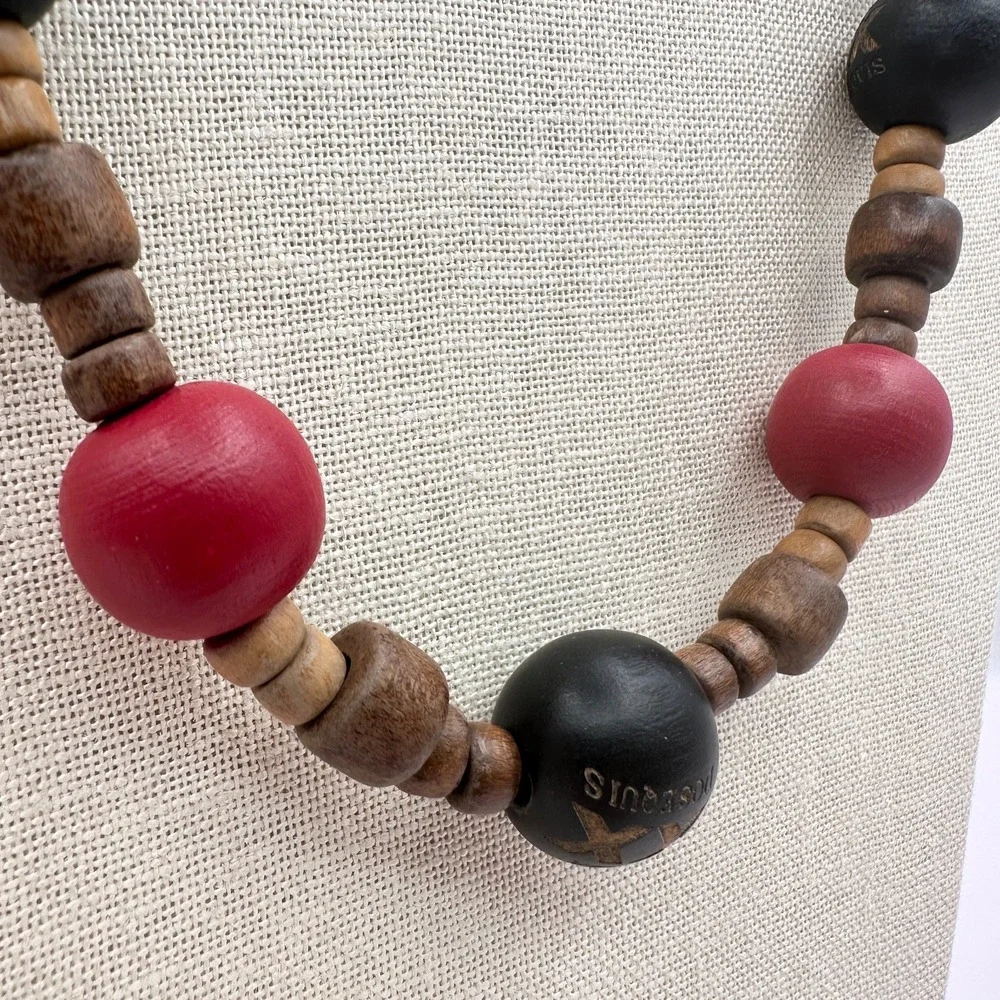 Vintage 90s Dos Equis Wood Bead Necklace Boho Tribal Women's Jewelry